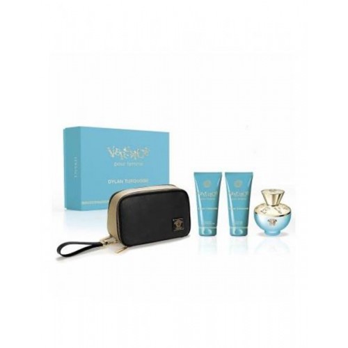 Versace Dylan Turquoise 4 Pcs Set: 3.4 Eau de Toilette Spray + 3.4 Body Gel + 3.4 Shower Gel + Travel Bag Versace Dylan Turquoise 4 Pcs Set: 3.4 Eau de Toilette Spray + 3.4 Body Gel + 3.4 Shower Gel + Travel Bag