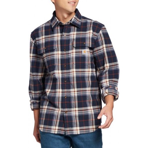 Carhartt Men's Loose Fit Heavyweight Long Sleeve Flannel Plaid Navy Shirt Carhartt Men's Loose Fit Heavyweight Long Sleeve Flannel Plaid Navy Shirt