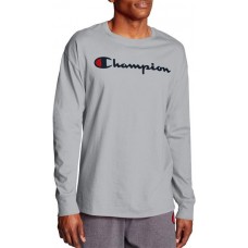 Champion Men's Chest Script Long Sleeve Oxford Grey Tee