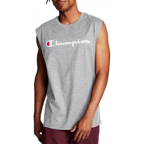 Champion Men's Classic Jersey Script Logo Graphic Muscle Tank Grey Top Champion Men's Classic Jersey Script Logo Graphic Muscle Tank Grey Top