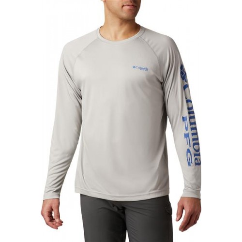 Columbia Men's PFG Terminal Tackle Heather Long Sleeve Cool Grey Heather/Vivd Bl Shirt Columbia Men's PFG Terminal Tackle Heather Long Sleeve Cool Grey Heather/Vivd Bl Shirt