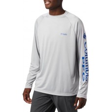 Columbia Men's PFG Terminal Tackle Long Sleeve Cool Grey/Vivid Blue Logo Shirt