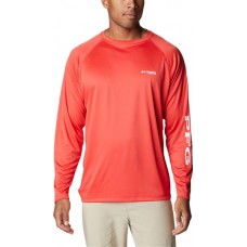 Columbia Men's PFG Terminal Tackle Long Sleeve Red Hibiscus/White Logo Shirt Columbia Men's PFG Terminal Tackle Long Sleeve Red Hibiscus/White Logo Shirt