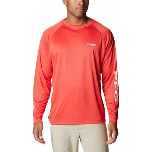 Columbia Men's PFG Terminal Tackle Long Sleeve Red Hibiscus/White Logo Shirt Columbia Men's PFG Terminal Tackle Long Sleeve Red Hibiscus/White Logo Shirt