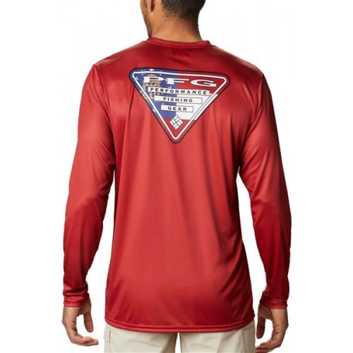 Columbia Men's PFG Terminal Tackle Tri-Fish Long Sleeve Red Spark/GA Flag Shirt Columbia Men's PFG Terminal Tackle Tri-Fish Long Sleeve Red Spark/GA Flag Shirt