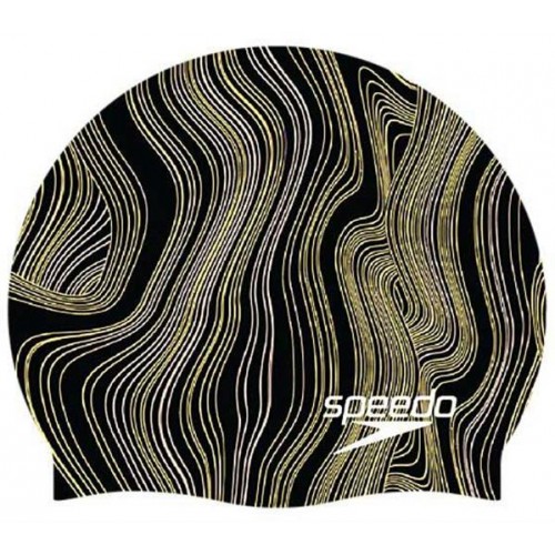 Speedo Printed Elastomeric Silicone Swim Black/Gold Cap Speedo Printed Elastomeric Silicone Swim Black/Gold Cap