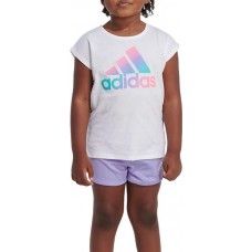 adidas Girls' 2 Piece Graphic T-Shirt and Mesh Shorts White/Purple Set