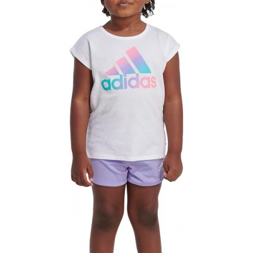 adidas Girls' 2 Piece Graphic T-Shirt and Mesh Shorts White/Purple Set adidas Girls' 2 Piece Graphic T-Shirt and Mesh Shorts White/Purple Set