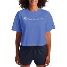 Champion Women's Cropped Script Logo Short Sleeve Deep Forte Blue T-Shirt