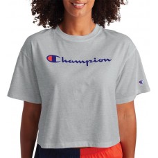 Champion Women's Cropped Script Logo Short Sleeve Oxford Grey T-Shirt