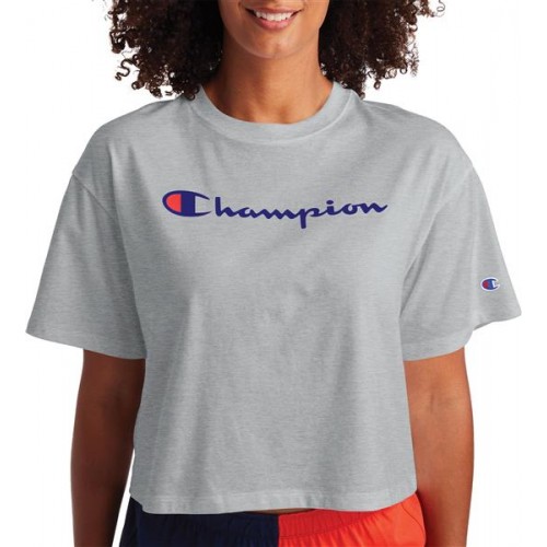 Champion Women's Cropped Script Logo Short Sleeve Oxford Grey T-Shirt Champion Women's Cropped Script Logo Short Sleeve Oxford Grey T-Shirt