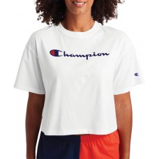 Champion Women's Cropped Script Logo Short Sleeve White T-Shirt Champion Women's Cropped Script Logo Short Sleeve White T-Shirt