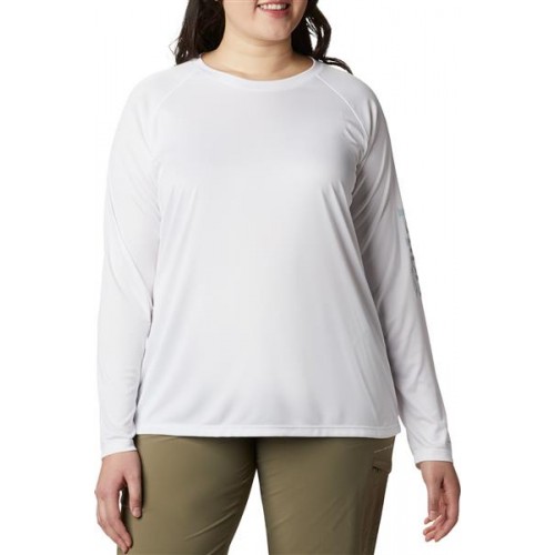 Columbia Women's Plus Size PFG Tidal Tee Long Sleeve White/Cirrus Grey Logo Shirt Columbia Women's Plus Size PFG Tidal Tee Long Sleeve White/Cirrus Grey Logo Shirt