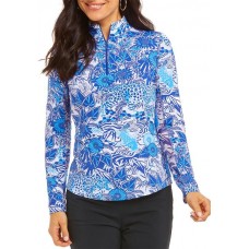 IBKUL Women's Hearts Mock Neck Long Sleeve Bamboo Garden Blue Tonal Shirt