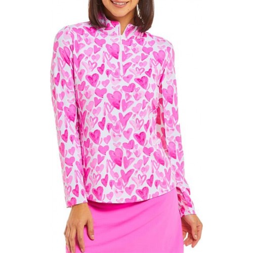 IBKUL Women's Hearts Mock Neck Long Sleeve Full Of Hearts Pink Multi Shirt IBKUL Women's Hearts Mock Neck Long Sleeve Full Of Hearts Pink Multi Shirt