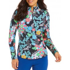 IBKUL Women's Hearts Mock Neck Long Sleeve Gia Black Multi Shirt