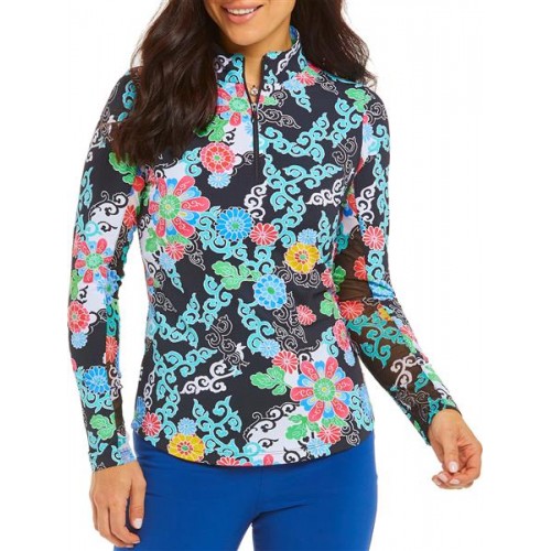 IBKUL Women's Hearts Mock Neck Long Sleeve Gia Black Multi Shirt IBKUL Women's Hearts Mock Neck Long Sleeve Gia Black Multi Shirt