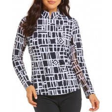 IBKUL Women's Hearts Mock Neck Long Sleeve Out Of The Box Blk/Wht Shirt