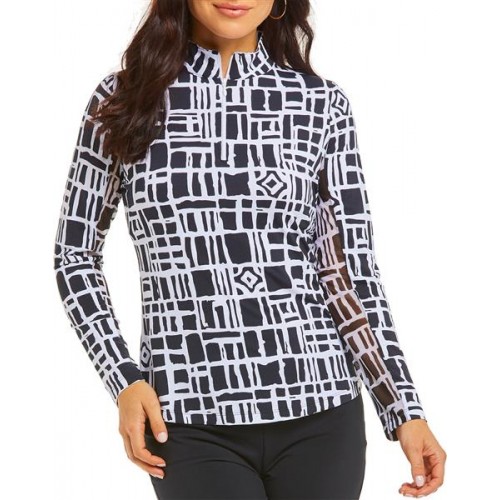 IBKUL Women's Hearts Mock Neck Long Sleeve Out Of The Box Blk/Wht Shirt IBKUL Women's Hearts Mock Neck Long Sleeve Out Of The Box Blk/Wht Shirt