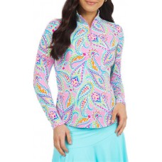 IBKUL Women's Long Sleeve Demi Print 1/4 Zip Mock Neck Golf Demi Candy Pink Multi Polo