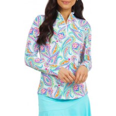 IBKUL Women's Long Sleeve Demi Print 1/4 Zip Mock Neck Golf Demi White Multi Polo