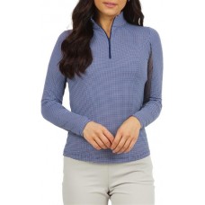 IBKUL Women's Long Sleeve Zip Mock Neck Golf Mini Check Navy/White Shirt