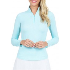 IBKUL Women's Long Sleeve Zip Mock Neck Golf Mini Check Seafoam/White Shirt IBKUL Women's Long Sleeve Zip Mock Neck Golf Mini Check Seafoam/White Shirt