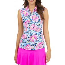 IBKUL Women's Sleeveless 1/4 Zip Limited Edition Bonnie Print Golf Bonnie Hot Pink/Yellow Polo