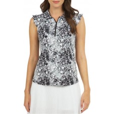 IBKUL Women's Sleeveless Evie Print 1/4 Zip Ruffle Golf Evie Black/White Polo
