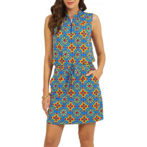 IBKUL Women's Sleeveless Scarlet Print 1/4 Zip Drawstring Golf Scarlet Blue Multi Dress IBKUL Women's Sleeveless Scarlet Print 1/4 Zip Drawstring Golf Scarlet Blue Multi Dress