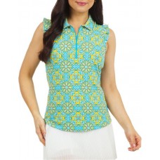 IBKUL Women's Sleeveless Scarlet Print 1/4 Zip Ruffle Golf Scarlet Turq Multi Polo