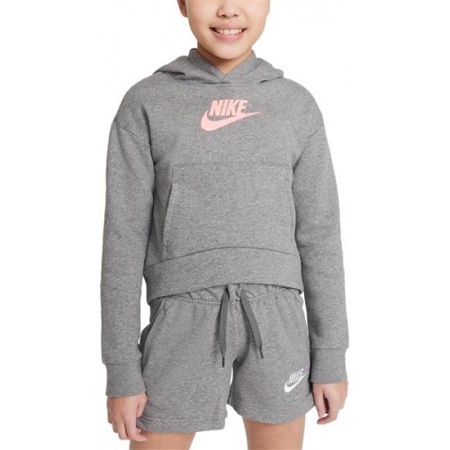 Nike Girls' Sportswear Club Fleece Pullover Carbon Htr/Arctic Punch Hoodie Nike Girls' Sportswear Club Fleece Pullover Carbon Htr/Arctic Punch Hoodie